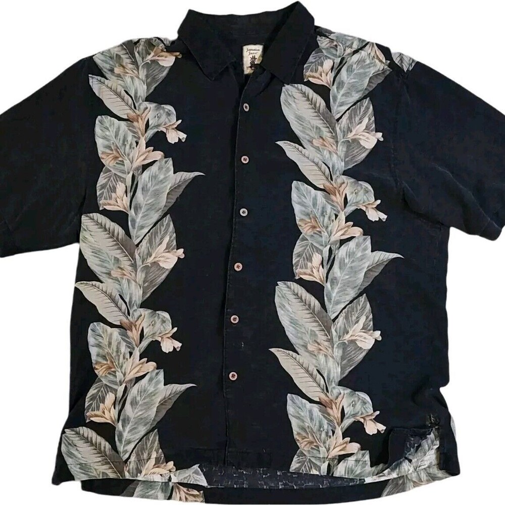 Jamaica Jaxx Mens Size XL 100% Silk Tropical Button Up Shirt Black Hawaiian